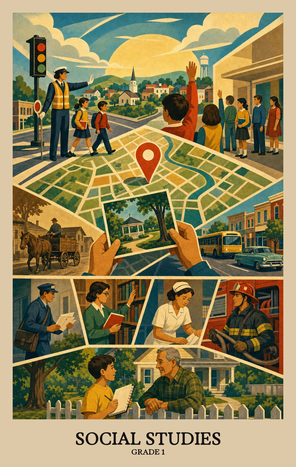 Illustration of what students learn in Grade 1 Social Studies