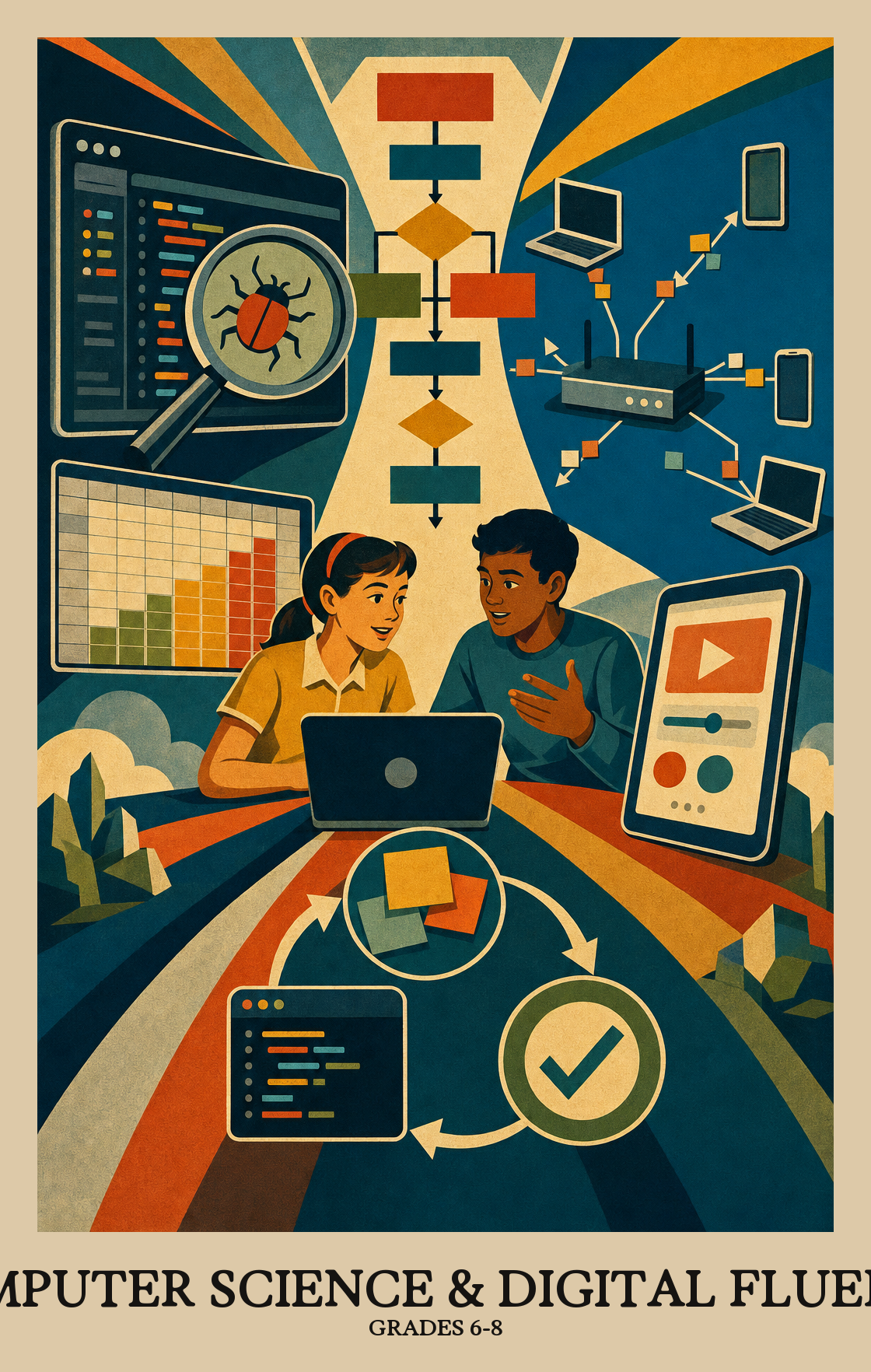 Illustration of what students learn in Grades 6-8 Computer Science & Digital Fluency