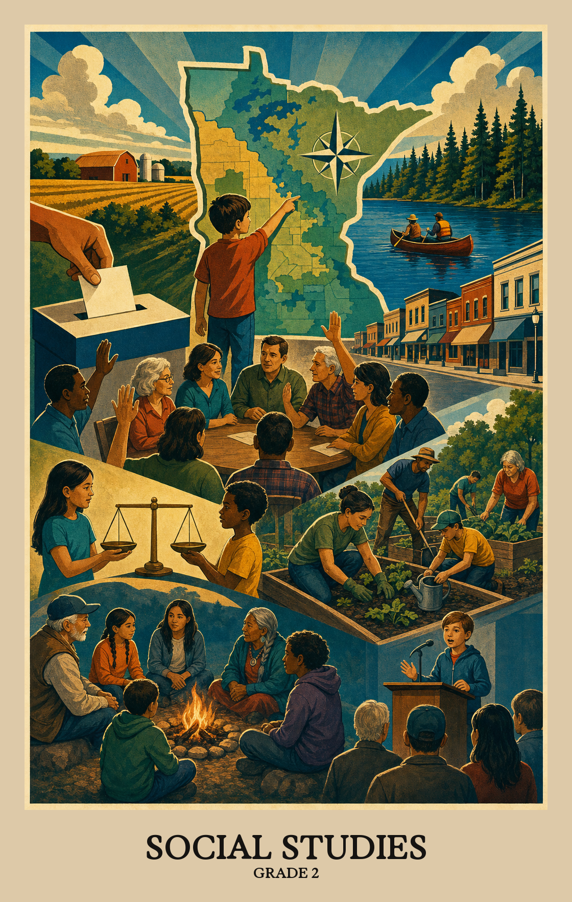 Illustration of what students learn in Grade 2 Social Studies