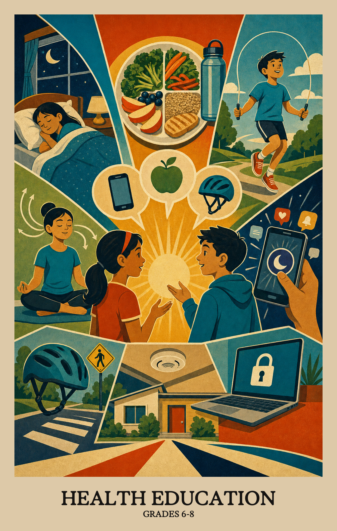Illustration of what students learn in Grades 6-8 Health Education